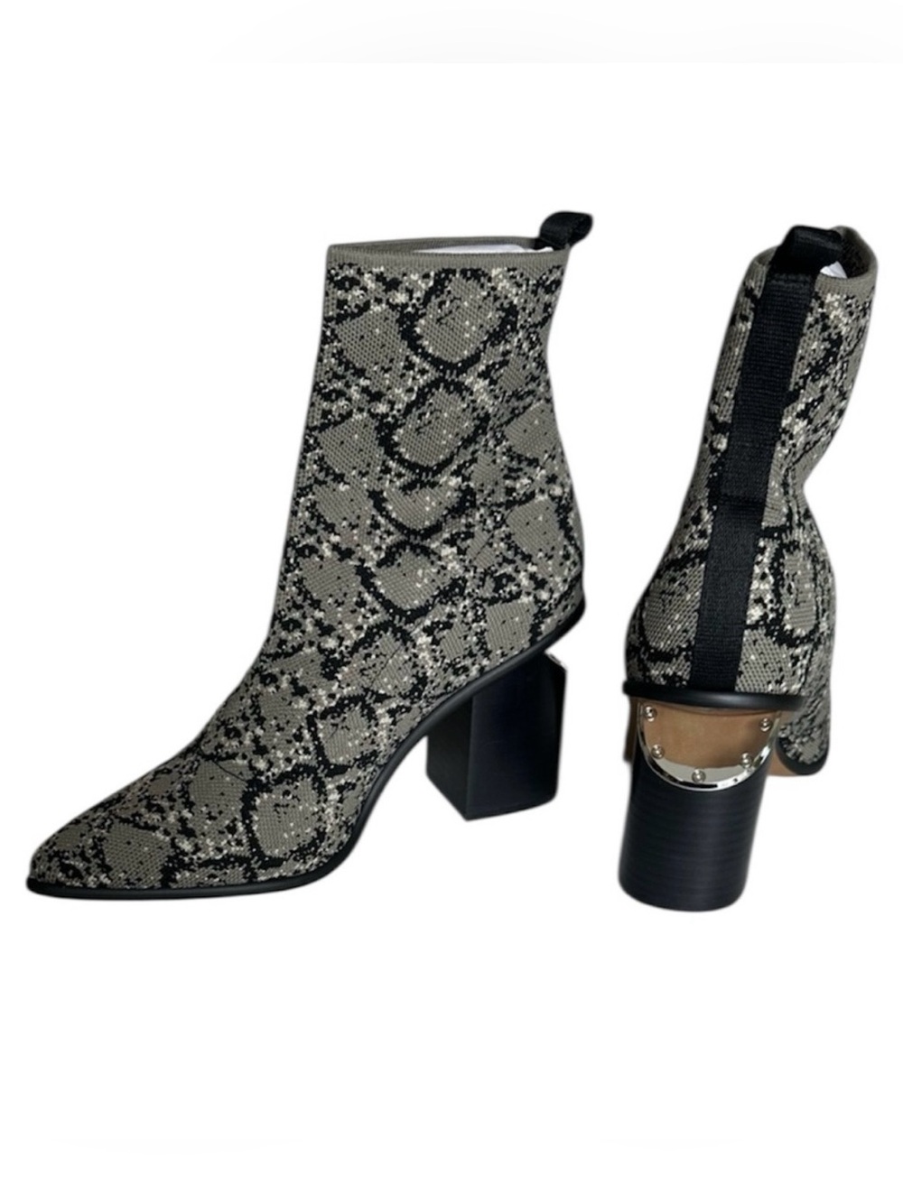 Steven Nikia Snakeskin Fabric Metal Angle Cutout Block Heel Sock Boots Sz 9 NEW